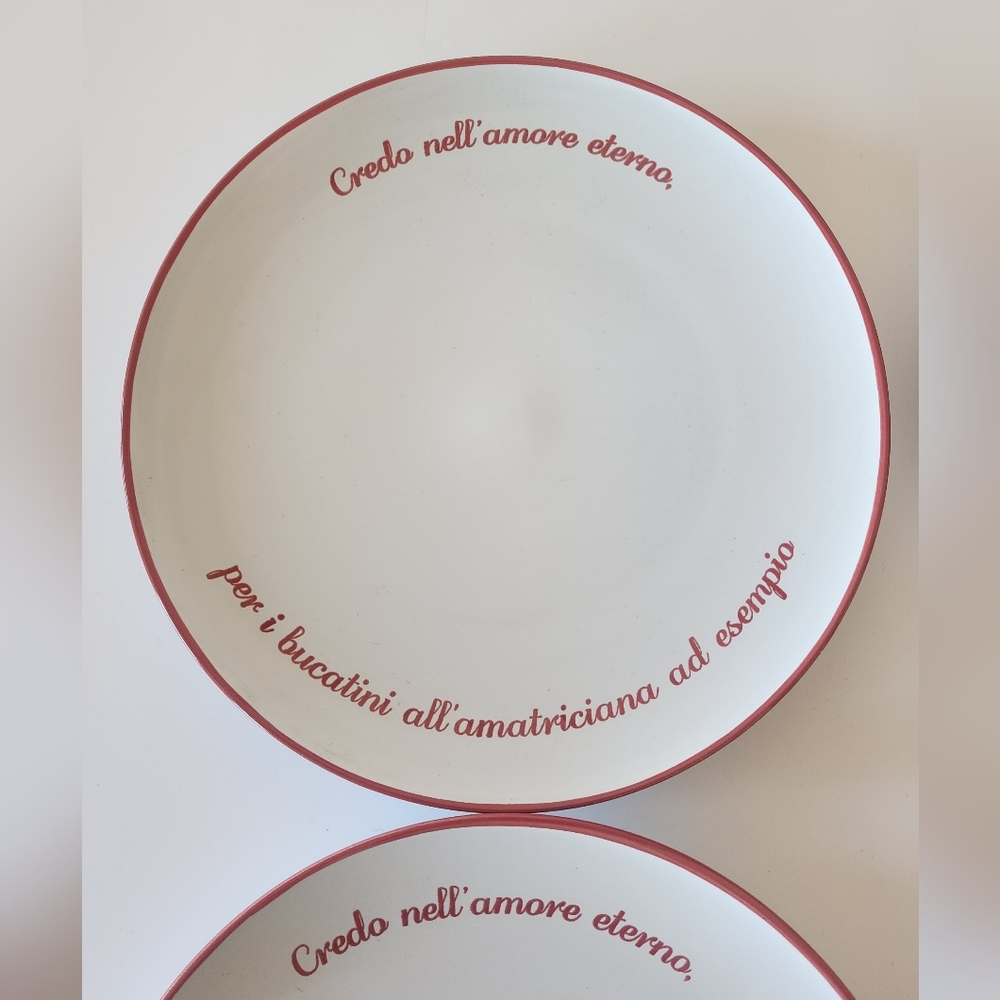 New Set of 4 Eataly White & Red Italian Writing Ceramic Dinner Plates